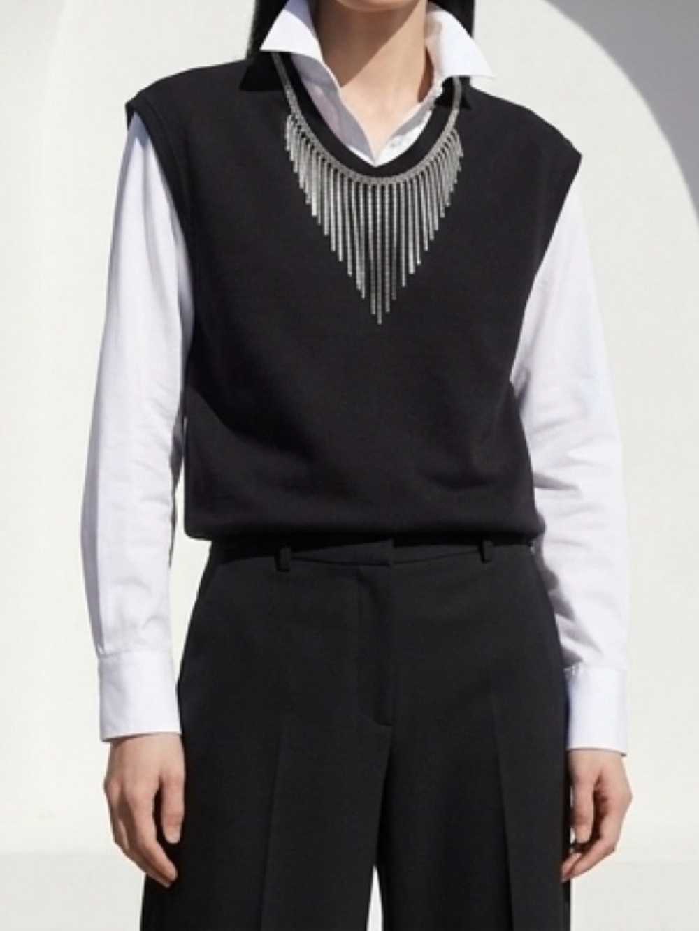 Saint Laurent Black Sleeveless Sweatshirt with Chain Fringe Detail - Picture 5 of 8